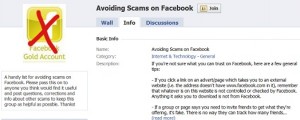 A Facebook group warns users about scams prevalent on the social networking site.