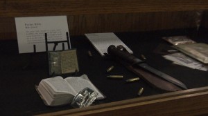 Adams says the bigger of the two Bibles is ubiquitous to the military, but the small bible is special. “It belonged to a WWII Navy vet and it was carried with him throughout out the Pacific,” Adams said. Also pictured is a KA-BAR knife. “It’s a standard issued Marine Corps knife,” Adams said. “It's kind of synonymous with the Marine Corps, you say KA-BAR and every Marine's got one. They love it.”