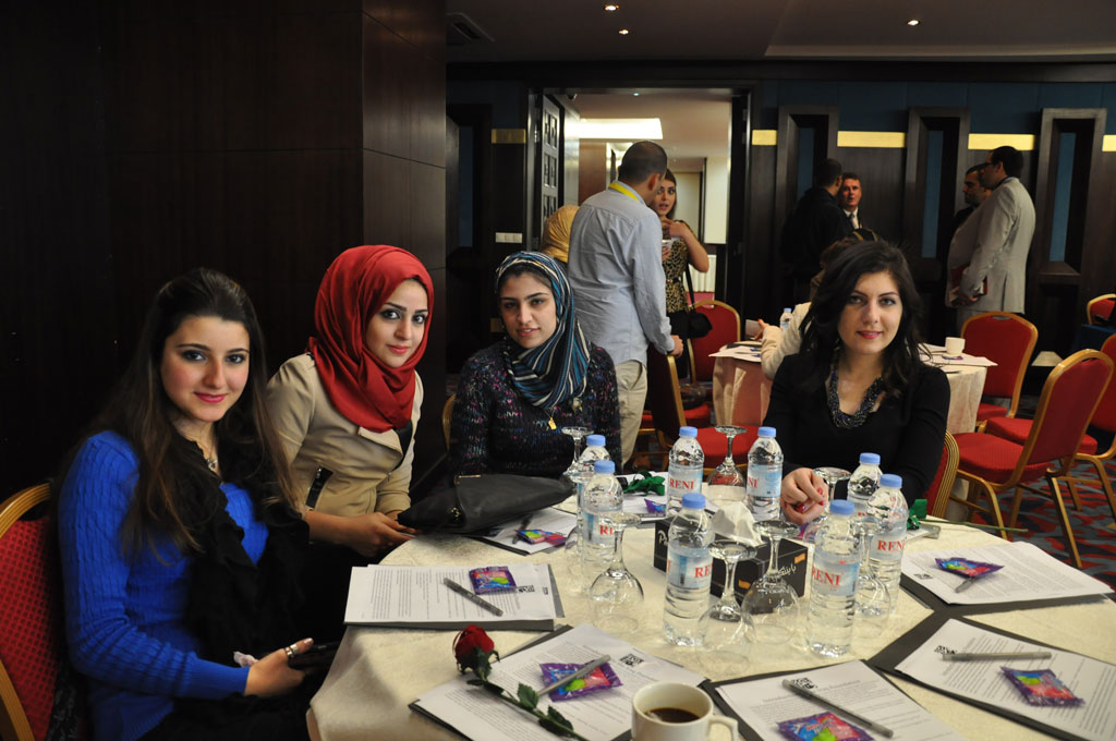IYLEP students, Maryam Sarsam, Zaharaa, Sarah Thamir and Razhan Muhamad at the reunion in the Canyon Hotel in Erbil, Iraq. Alix Hines/MEDILL