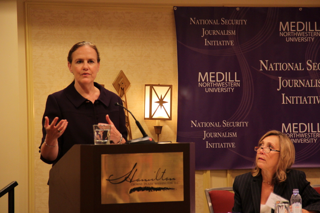 Center for a New American Security CEO Michelle Flournoy addresses journalists at the Medill National Security Journalism Initiative Conference, emphasizing the importance of careful, in-depth reporting. KRISTIN KIM/ MEDILL NEWS SERVICE 