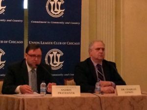 Andriy Pravednyk, Consul General of Ukraine, and Charles Lipson, University of Chicago professor, speak about the Ukrainian crisis at a breakfast sponsored by the Union League Club of Chicago Thursday, November 20, 2014. 