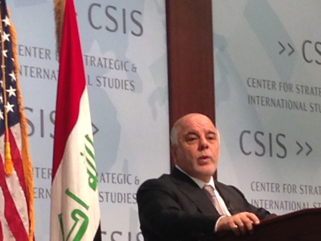 Iraqi Prime Minister Haider Al-Abadi speaks Thursday morning at the Center for Strategic and International Studies in Washington. (Tobias Burns/MEDILL)