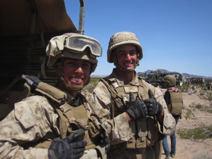 Pfc. Ryan May on the right with Pfc. Jonathan Saldivar taking a break from heavy artillery training. (Niccole Kunshek/MEDILL)