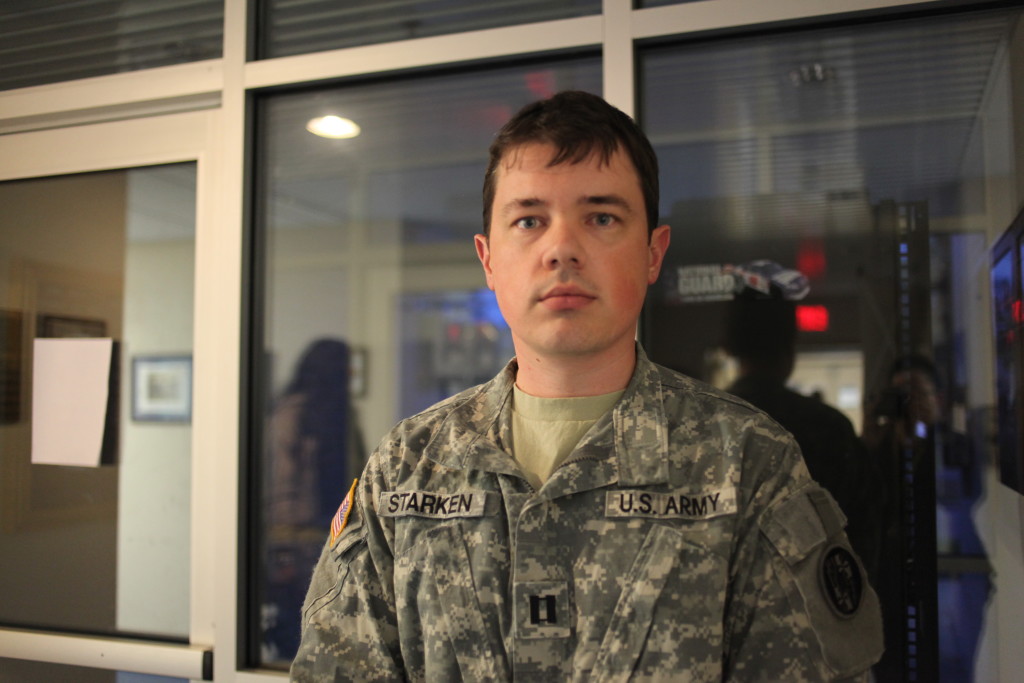 Captain Cody Starken of the Maryland Army National Guard stands near the front entrance of the Maryland National Guard Center in Adelphi, Maryland, on April 30, 2015. (Jennifer-Leigh Oprihory/MEDILL NSJI)