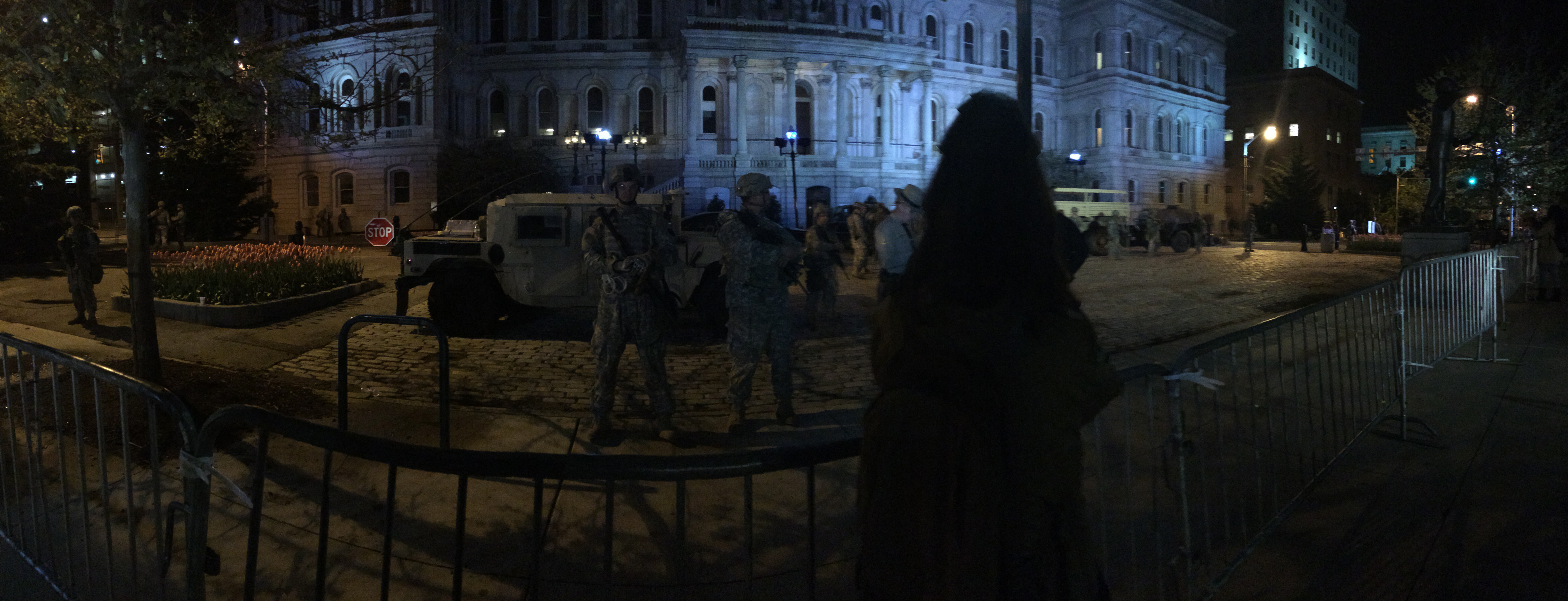 A Medill M.S.J. student documents the presence of Maryland Army National Guard at Baltimore City Hall on April 30, 2015. (Jennifer-Leigh Oprihory/MEDILL NSJI)