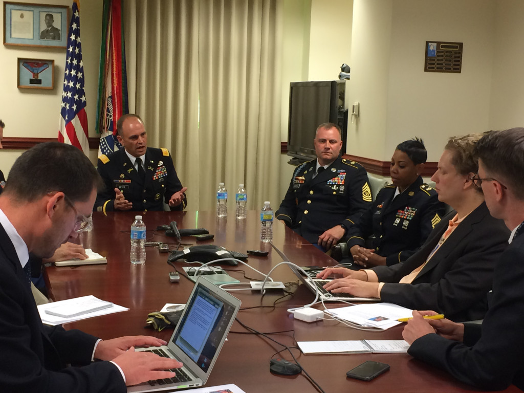 US Army Europe officers speaks to reporters at the Pentagon about their rotational training in Eastern Europe, Wednesday, July 22, 2015. (Amina Ismail/Medill NSJI)