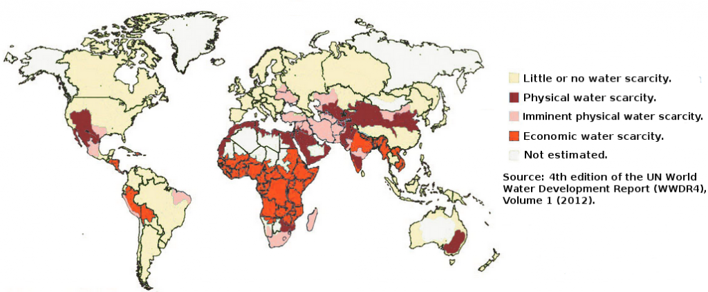 Water stress is a problem on every continent but is particularly bad in conflict-prone areas. (By Axelsaffran - https://commons.wikimedia.org/wiki/File:Map_Water_scarcity.PNG, CC BY-SA 3.0, https://commons.wikimedia.org/w/index.php?curid=39223479)