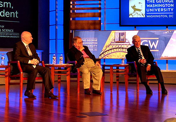 The American Conservative editor-at-large Daniel McCarthy, left, moderates a panel discussion with Christopher Layne of Texas A&M, center, and Andrew Bacevich of Boston University. (Photo by Will Racke) 